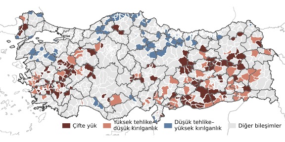 ''İlçeler hem sıcak tehlikesi hem sosyoekonomik kırılganlık açısından ayrı ayrı sıralandığında, her iki listede de en riskli grupta yer alan 120 ilçe ortaya çıkıyor. Bu ilçeler haritalandırıldığında ise rastgele dağılmadıkları, üç ayrı bölgede yoğunlaştıkları görülüyor.''