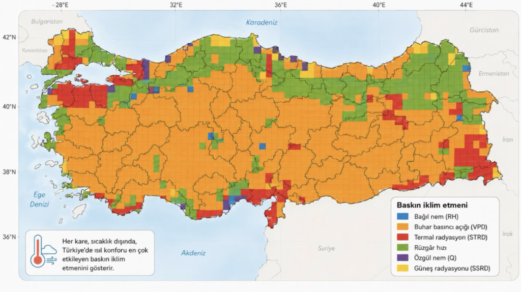 ''Ortaya çıkan haritanın en çarpıcı bulgusu şu: İç, Doğu ve Güneydoğu Anadolu’yu kaplayan ve Türkiye’nin yaklaşık %70’ine denk gelen yarı kurak iç kesimlerde, sıcaklıktan sonraki en önemli belirleyici, havanın kuruluğu.''